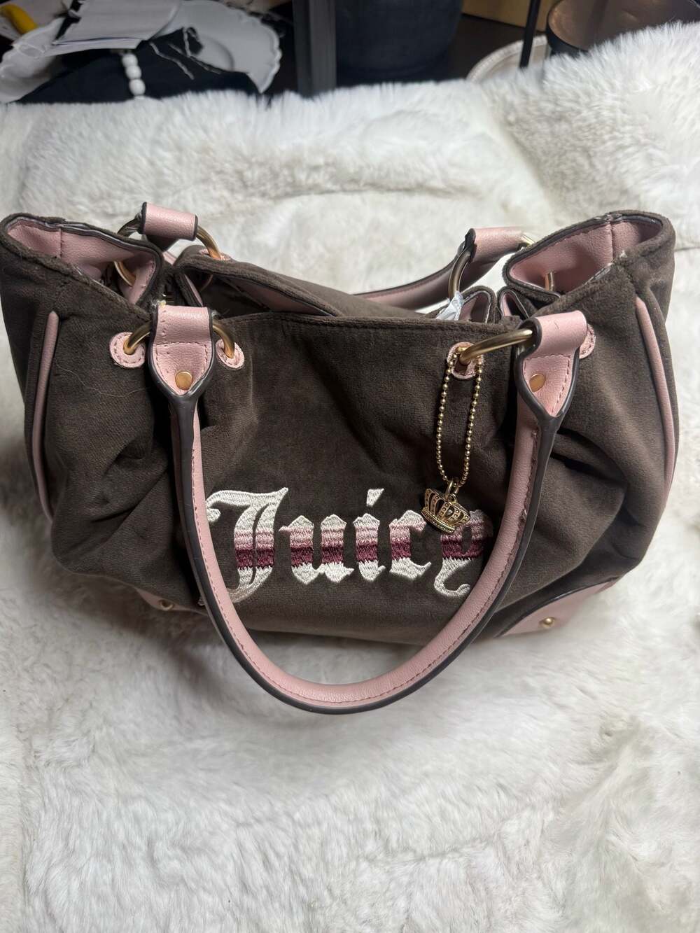 Juicy Couture Retro Vibe Chocolate Brown Velour Satchel Bag